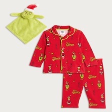 The Grinch 3-Piece Pure Cotton Pyjama Shirt, Bottoms and Comforter in Red