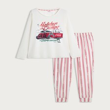 Coca-Cola Fleece Holidays Are Coming Pyjama Set in Multi White thumbnail 4
