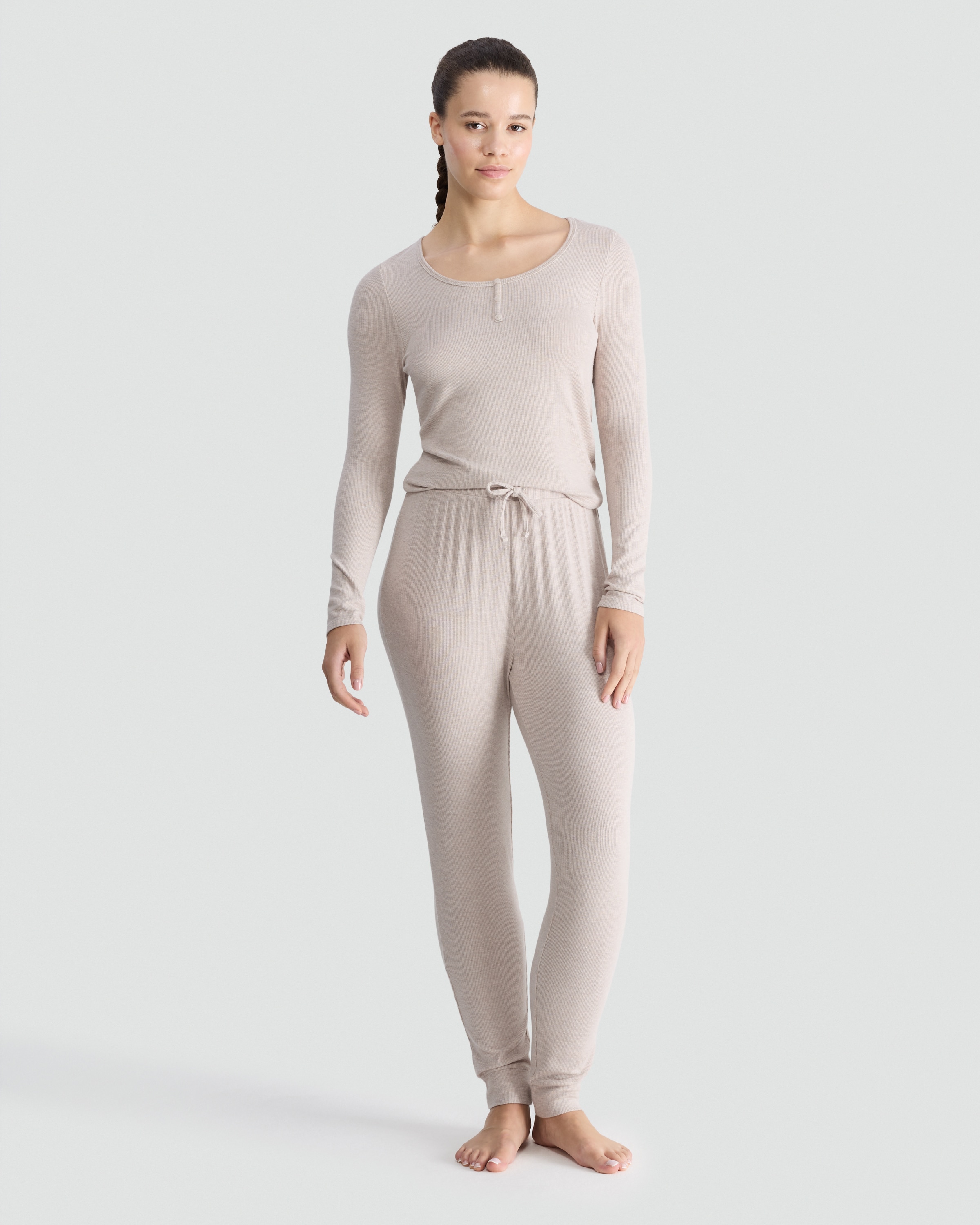 F&F Henley Top and Drawstring Bottoms Pyjamas in Cream thumbnail 2
