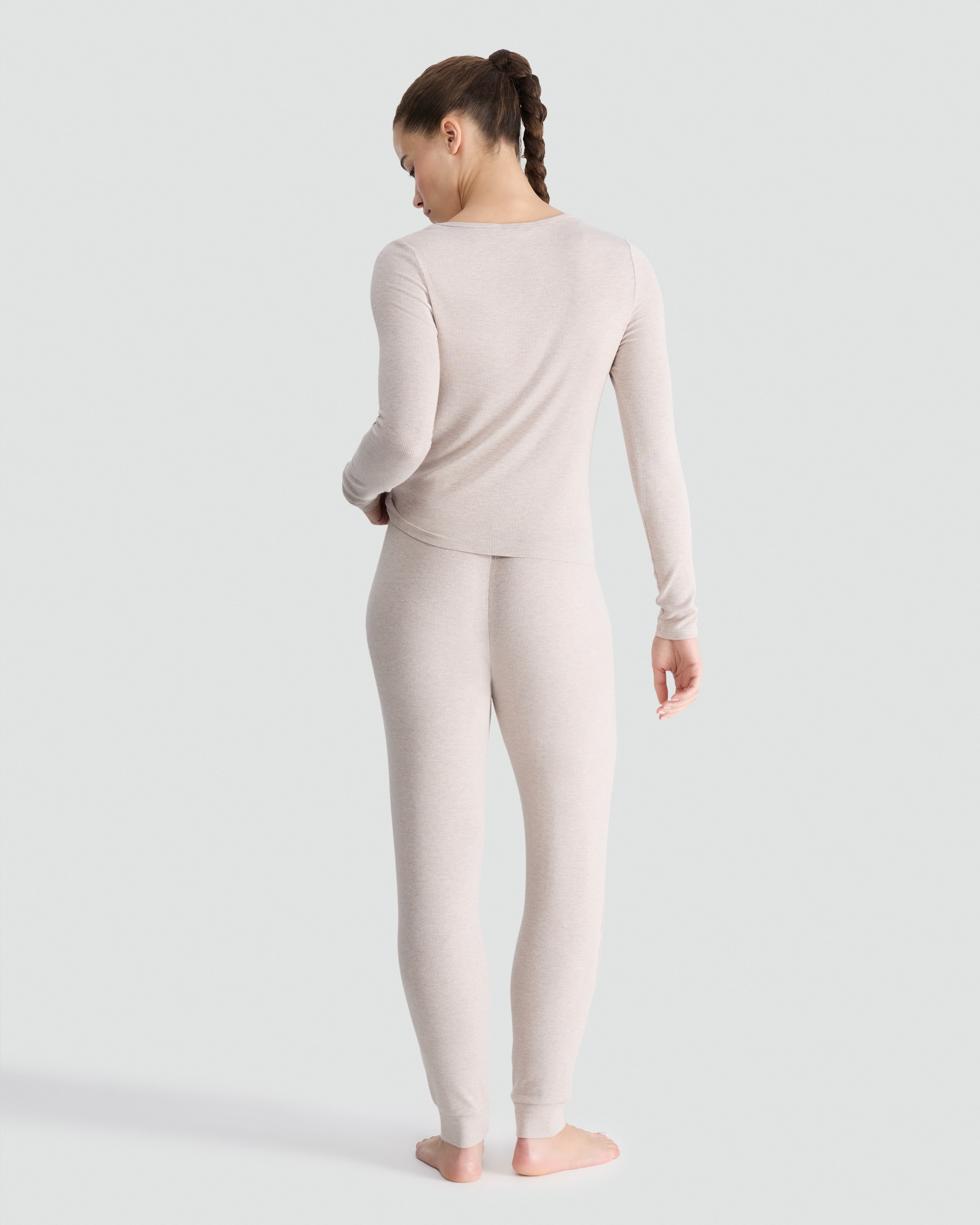 F&F Henley Top and Drawstring Bottoms Pyjamas in Cream thumbnail 3