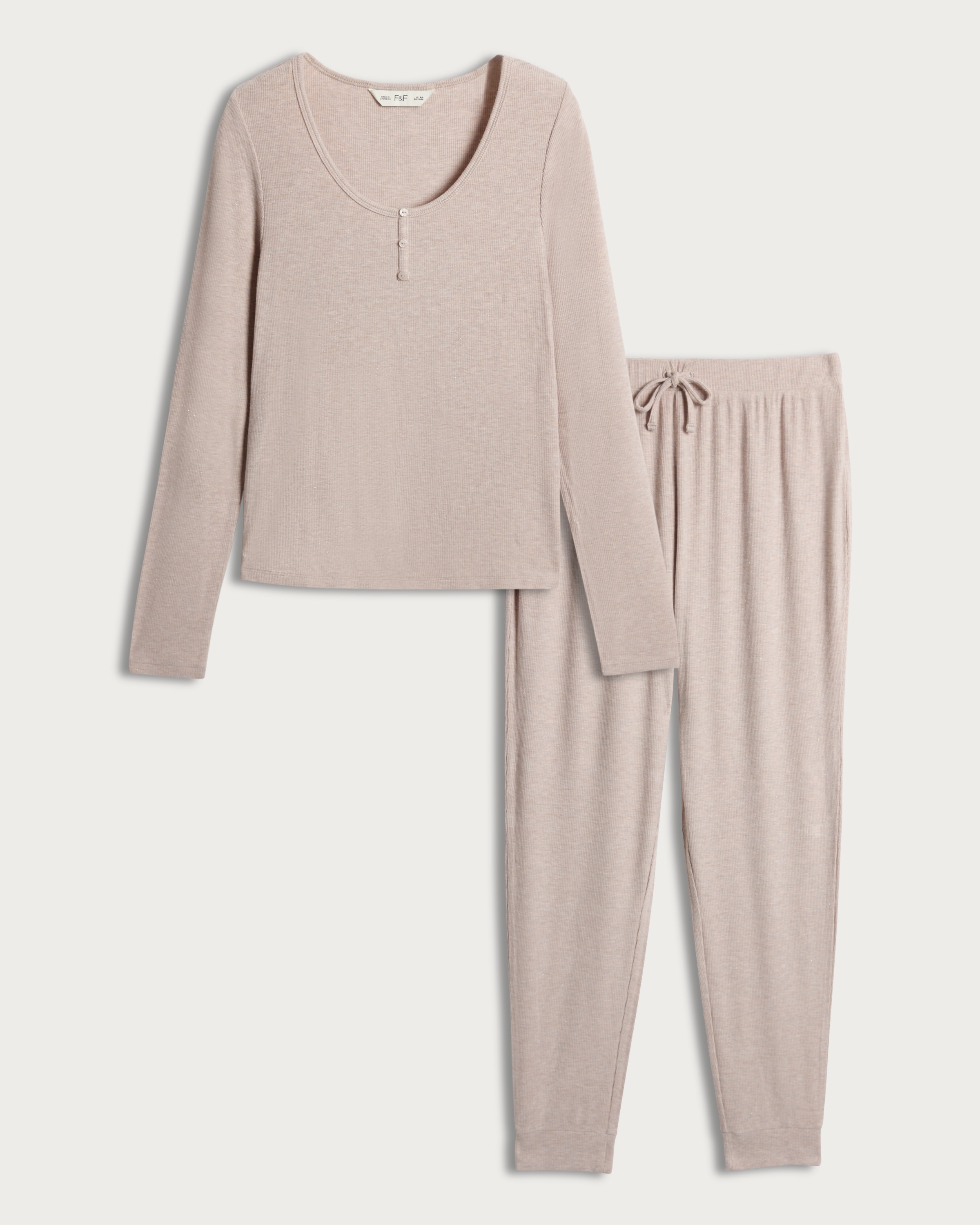 F&F Henley Top and Drawstring Bottoms Pyjamas in Cream thumbnail 4