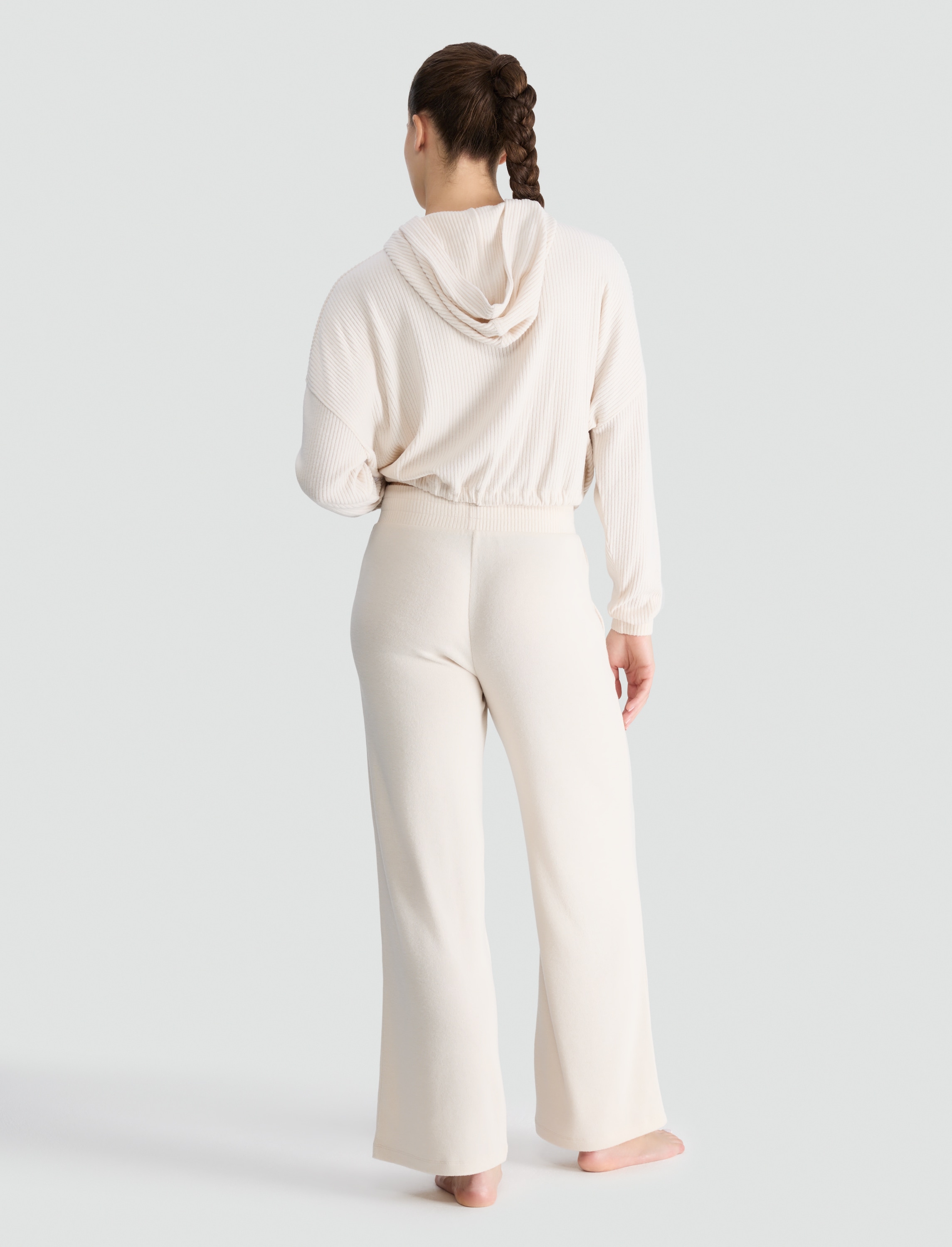 F&F Ribbed Cropped Hoodie and Wide Leg Trousers Lounge Set in Cream