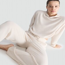 The F&F Edit Ribbed Cropped Hoodie and Wide Leg Trousers Lounge Set in Cream thumbnail 2