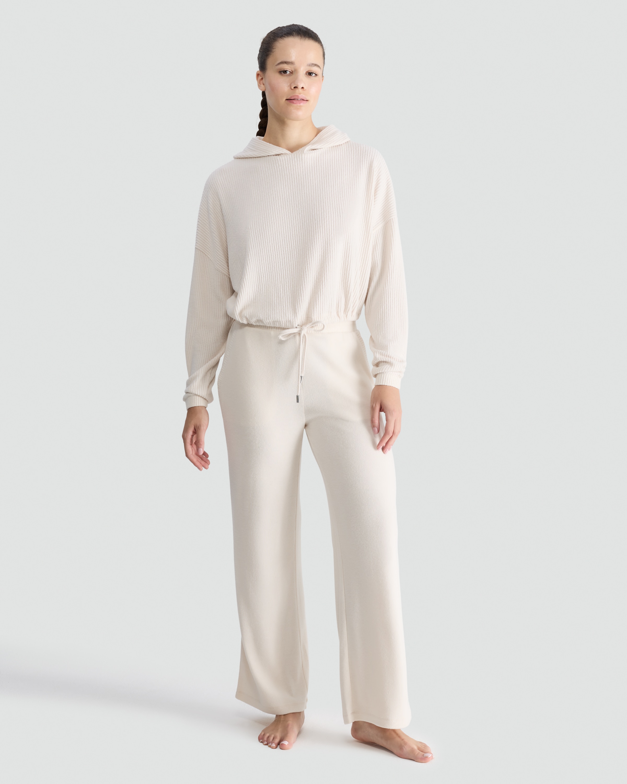 F&F Ribbed Cropped Hoodie and Wide Leg Trousers Lounge Set in Cream thumbnail 3