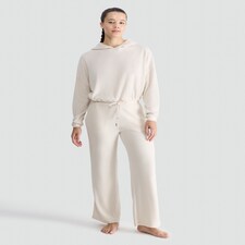 The F&F Edit Ribbed Cropped Hoodie and Wide Leg Trousers Lounge Set in Cream thumbnail 3