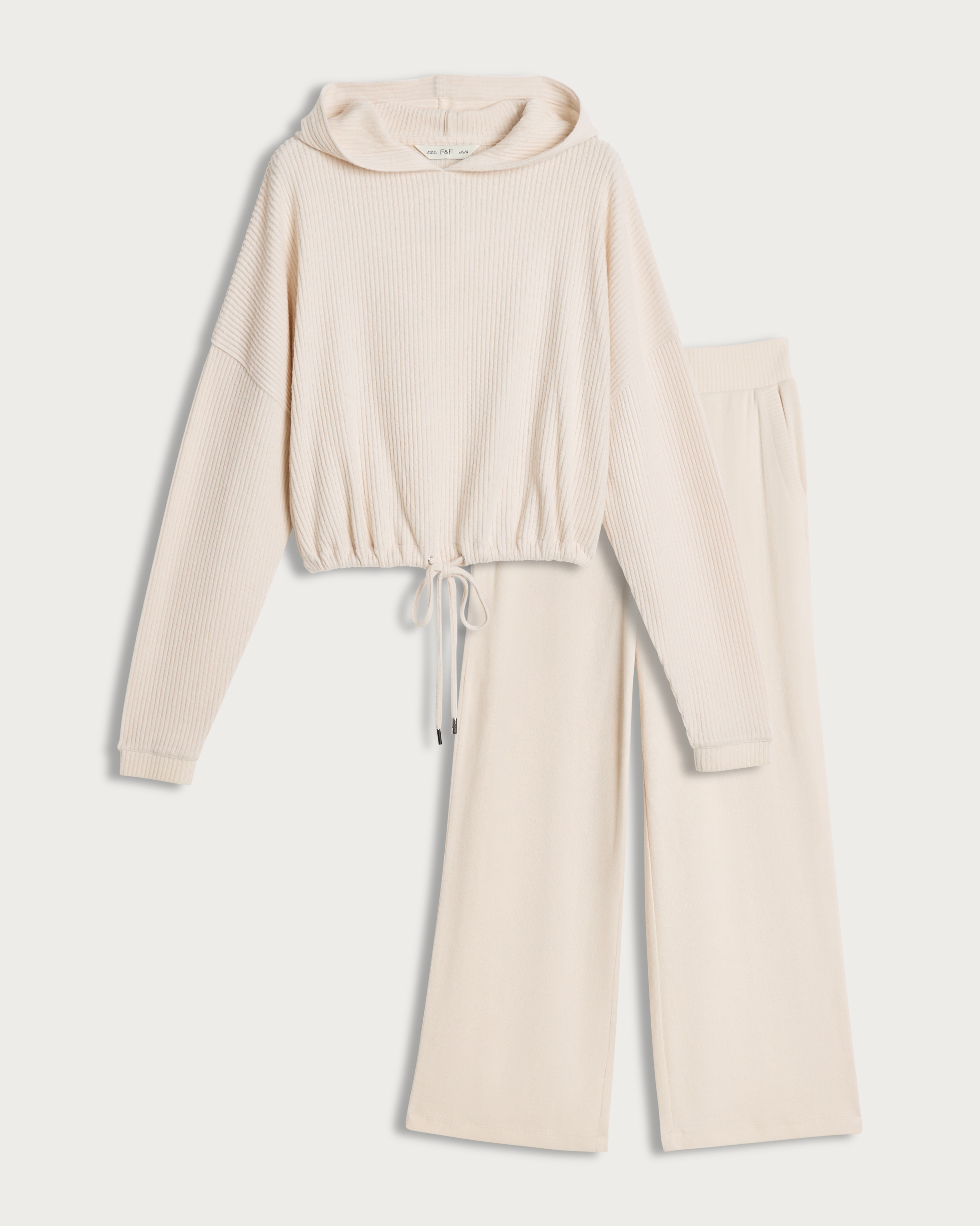 F&F Ribbed Cropped Hoodie and Wide Leg Trousers Lounge Set in Cream thumbnail 4