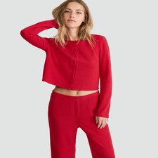 F&F Waffle Textured Button Up Cardigan and Bottoms Pyjama Set in Red thumbnail 2