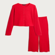 F&F Waffle Textured Button Up Cardigan and Bottoms Pyjama Set in Red thumbnail 4