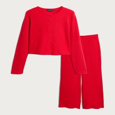 F&F Waffle Textured Button Up Cardigan and Bottoms Pyjama Set in Red thumbnail 4