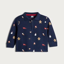 F&F Boys Pure Cotton Christmas Print Zip Neck Polo Top in Navy thumbnail 4