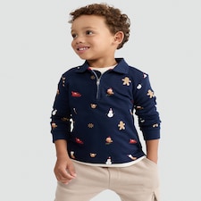 F&F Boys Pure Cotton Christmas Print Zip Neck Polo Top in Navy