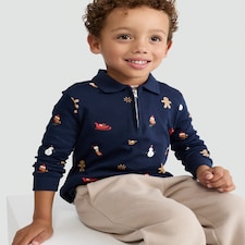F&F Boys Pure Cotton Christmas Print Zip Neck Polo Top in Navy thumbnail 2