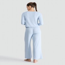F&F 3-Piece Ribbed Pointelle Cardigan, Cami and Bottoms Pyjama Set in Blue thumbnail 3