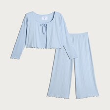 F&F 3-Piece Ribbed Pointelle Cardigan, Cami and Bottoms Pyjama Set in Blue thumbnail 4