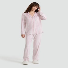 F&F Fleece Stripe Print Revere Pyjamas Set in Pink thumbnail 2