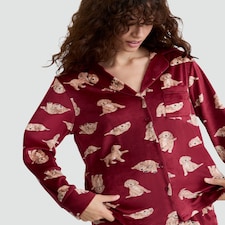 F&F Curtis The Dog Printed Fleece Revere Shirt and Bottoms Pyjamas in Red