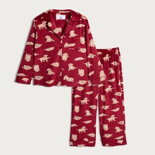 F&F Curtis The Dog Printed Fleece Revere Shirt and Trousers Pyjamas in Red thumbnail 4