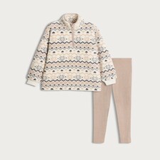 F&F Borg Fair Isle Half Zip Jumper and Ribbed Leggings Pyjama in Cream thumbnail 4