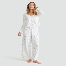 F&F 3-Piece Holly Print Tie Front Cardigan, Cami and Bottoms Pyjamas in Cream