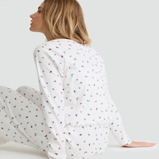 F&F 3-Piece Holly Print Tie Front Cardigan, Cami and Bottoms Pyjamas in Cream thumbnail 2