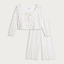F&F 3-Piece Holly Print Tie Front Cardigan, Cami and Bottoms Pyjamas in Cream thumbnail 4