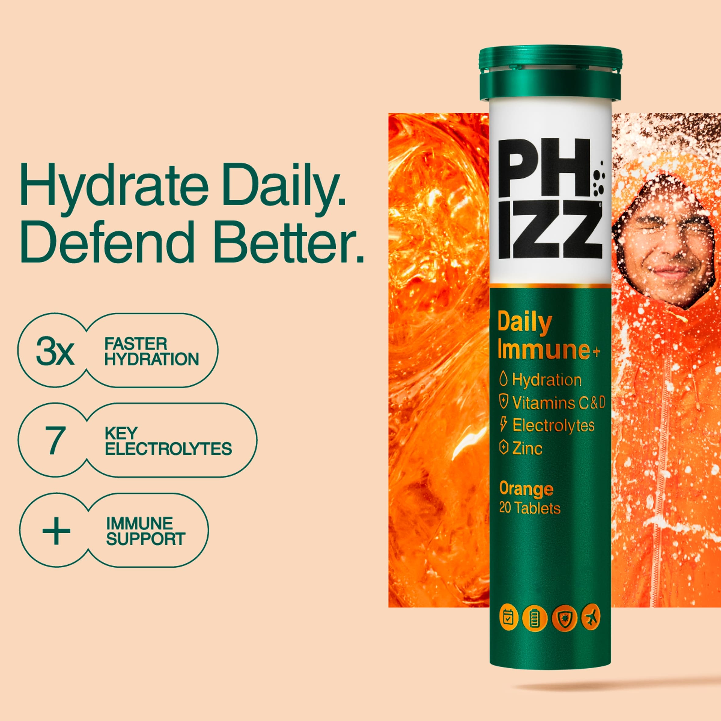 Phizz Daily Immune+ Orange Hydration, Immunity, Electrolytes & Vitamins Effervescent Tablets x20 thumbnail 2