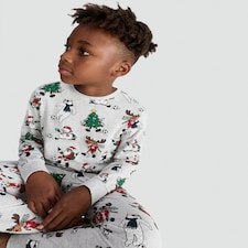 F&F Boys Cotton Rich Festive Print Top and Cuffed Joggers Pyjamas in Grey Multi