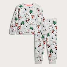 F&F Boys Cotton Rich Festive Print Top and Cuffed Joggers Pyjamas in Grey Multi thumbnail 4
