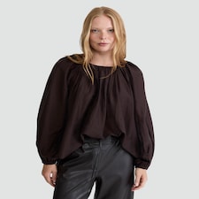 The F&F Edit Lyocell Rich Gathered Long Sleeved Blouse in Brown thumbnail 2