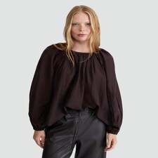 The F&F Edit Lyocell Rich Gathered Long Sleeved Blouse in Brown thumbnail 2