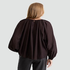 The F&F Edit Lyocell Rich Gathered Long Sleeved Blouse in Brown thumbnail 3