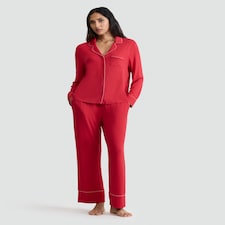 F&F Piped Candy Cane Revere Shirt and Wide Leg Bottoms Pyjama Set in Red