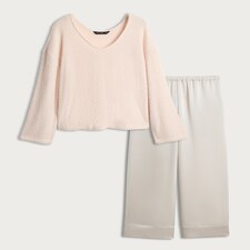 F&F Textured Jumper and Satin Bottoms Pyjama Set in Cream thumbnail 4