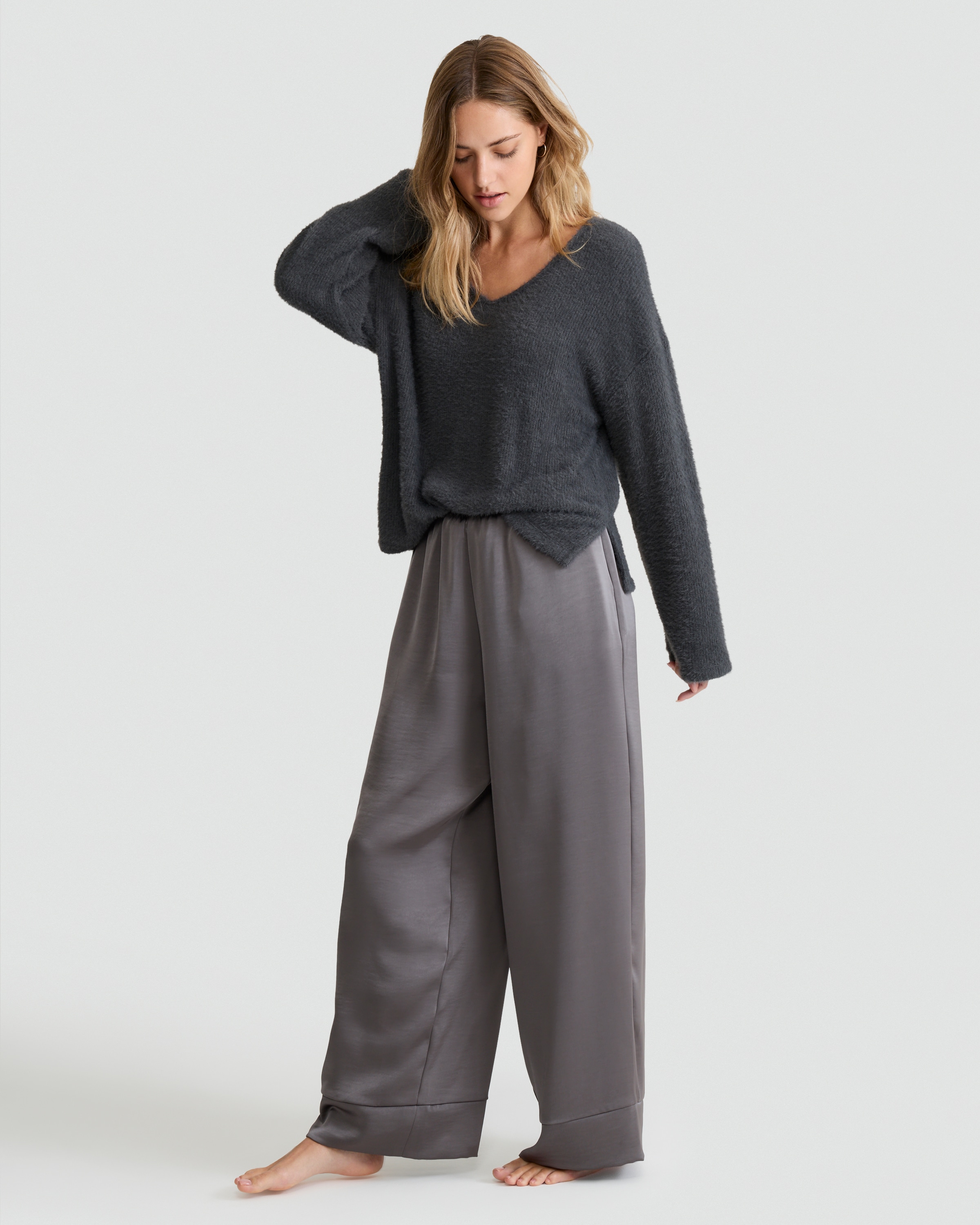 F&F Textured Jumper and Satin Bottoms Pyjamas in Grey