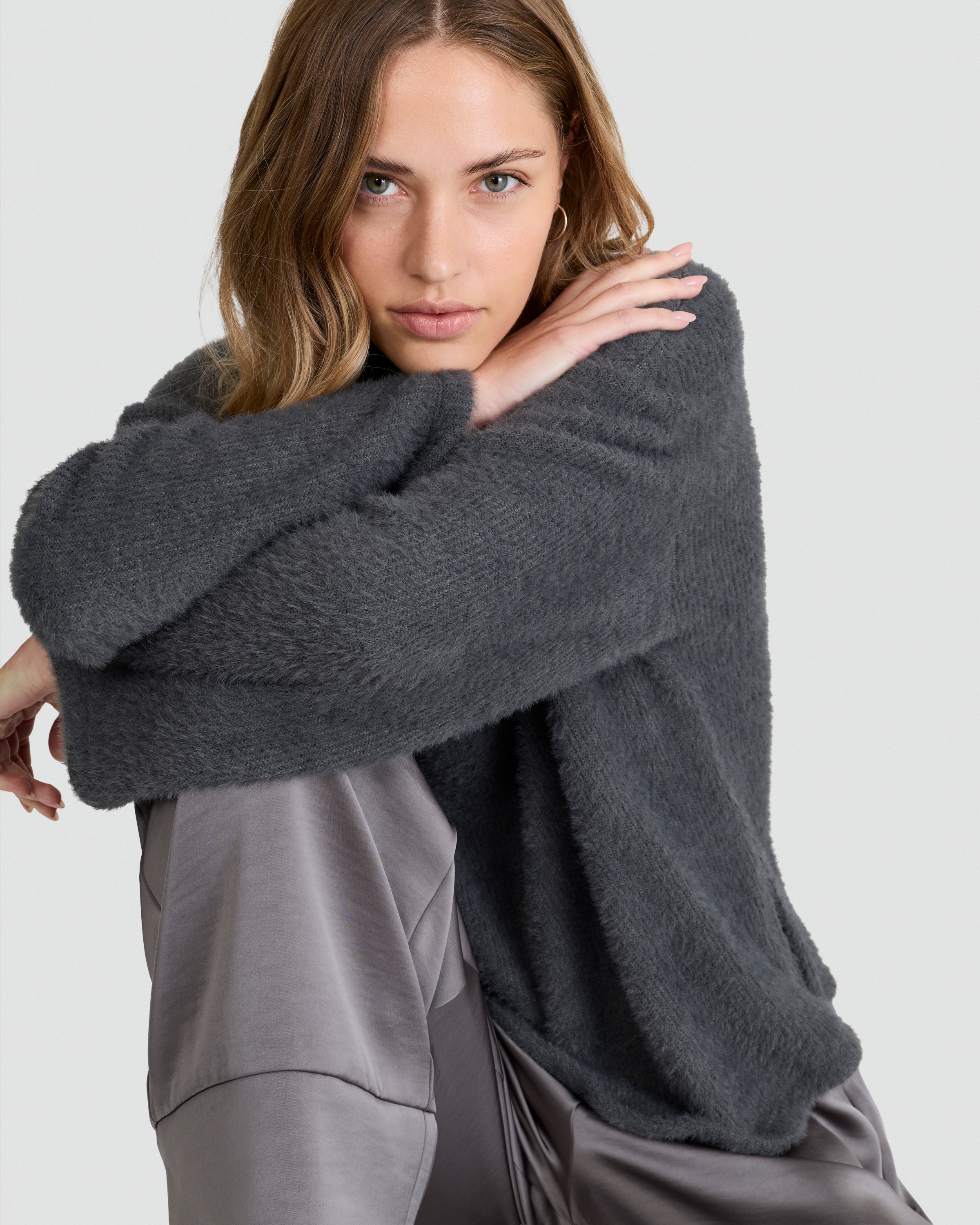 F&F Textured Jumper and Satin Bottoms Pyjamas in Grey thumbnail 2
