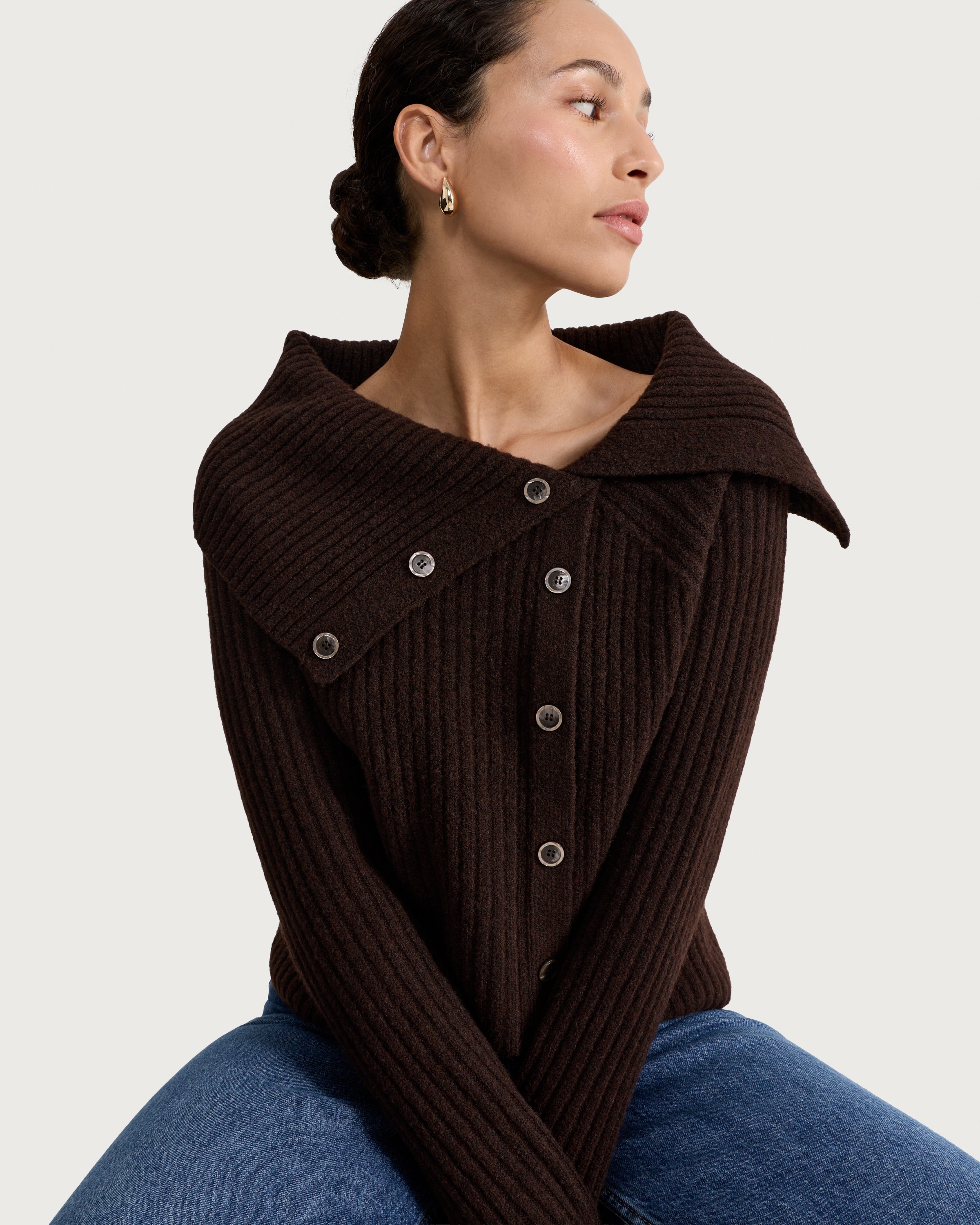 F&F Ribbed Button Up Bardot Jumper in Chocolate