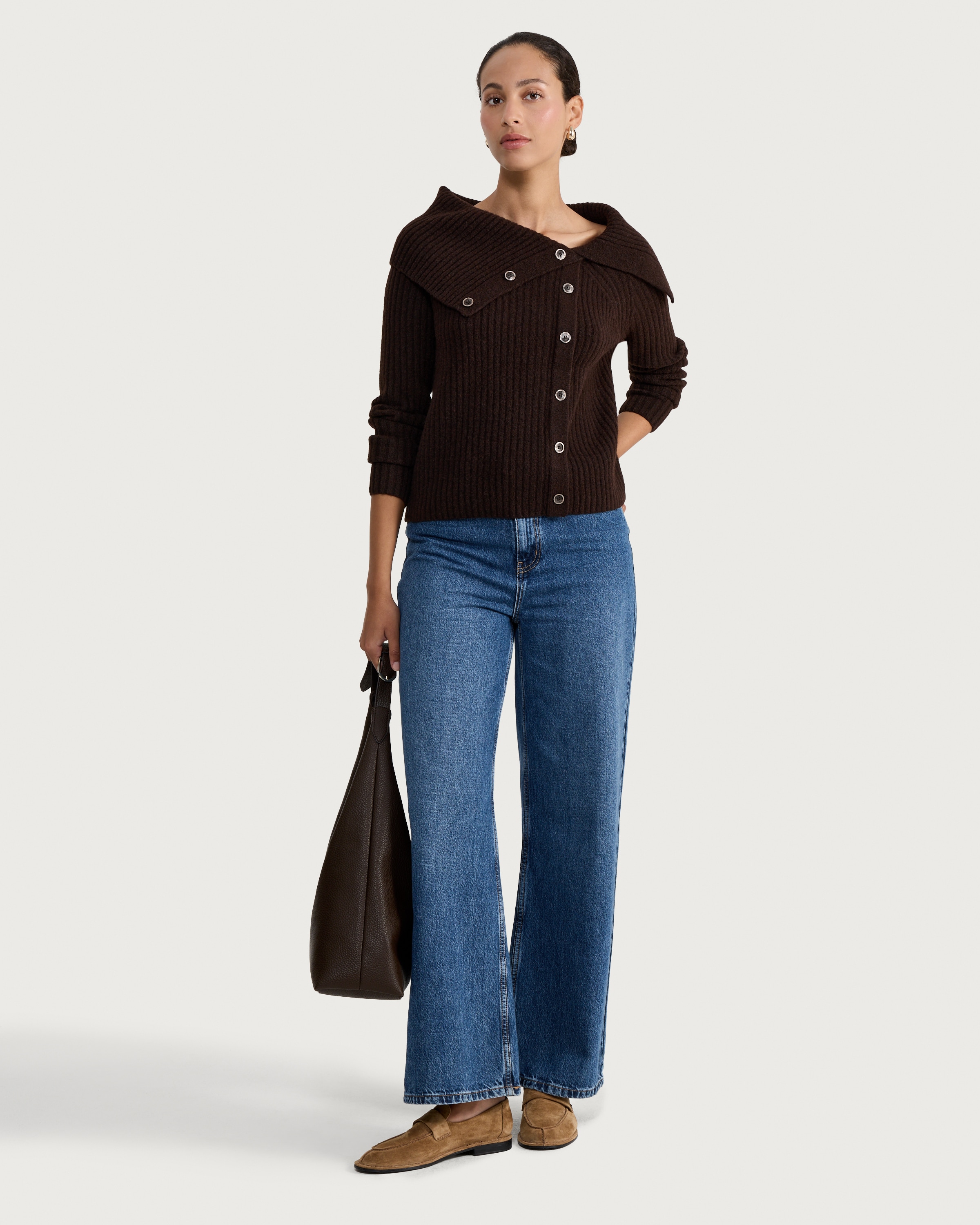 F&F Ribbed Button Up Bardot Jumper in Chocolate thumbnail 2