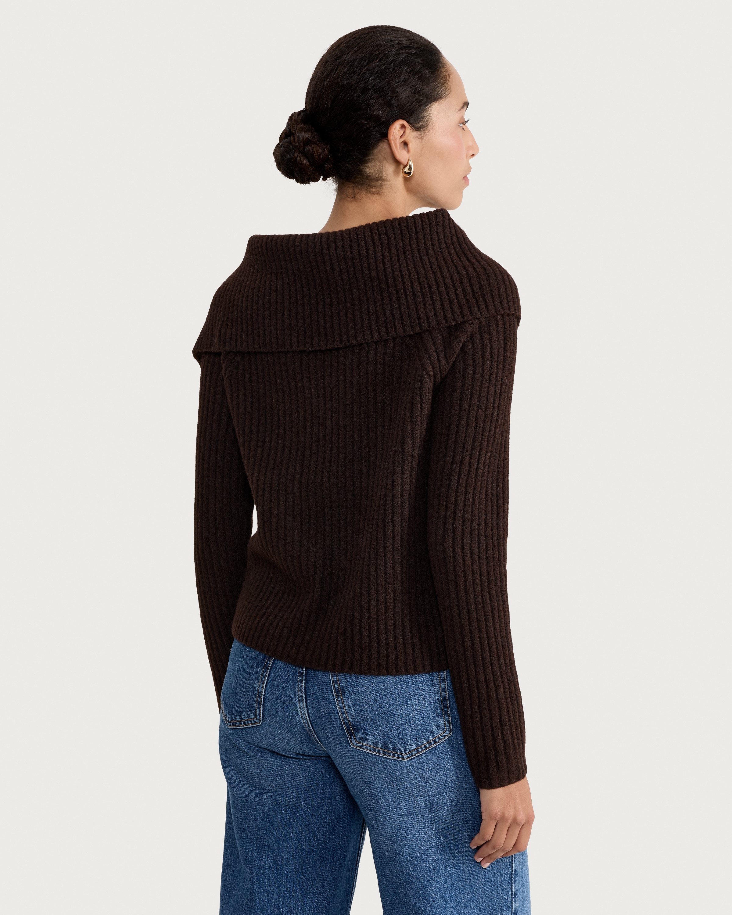F&F Ribbed Button Up Bardot Jumper in Chocolate thumbnail 3