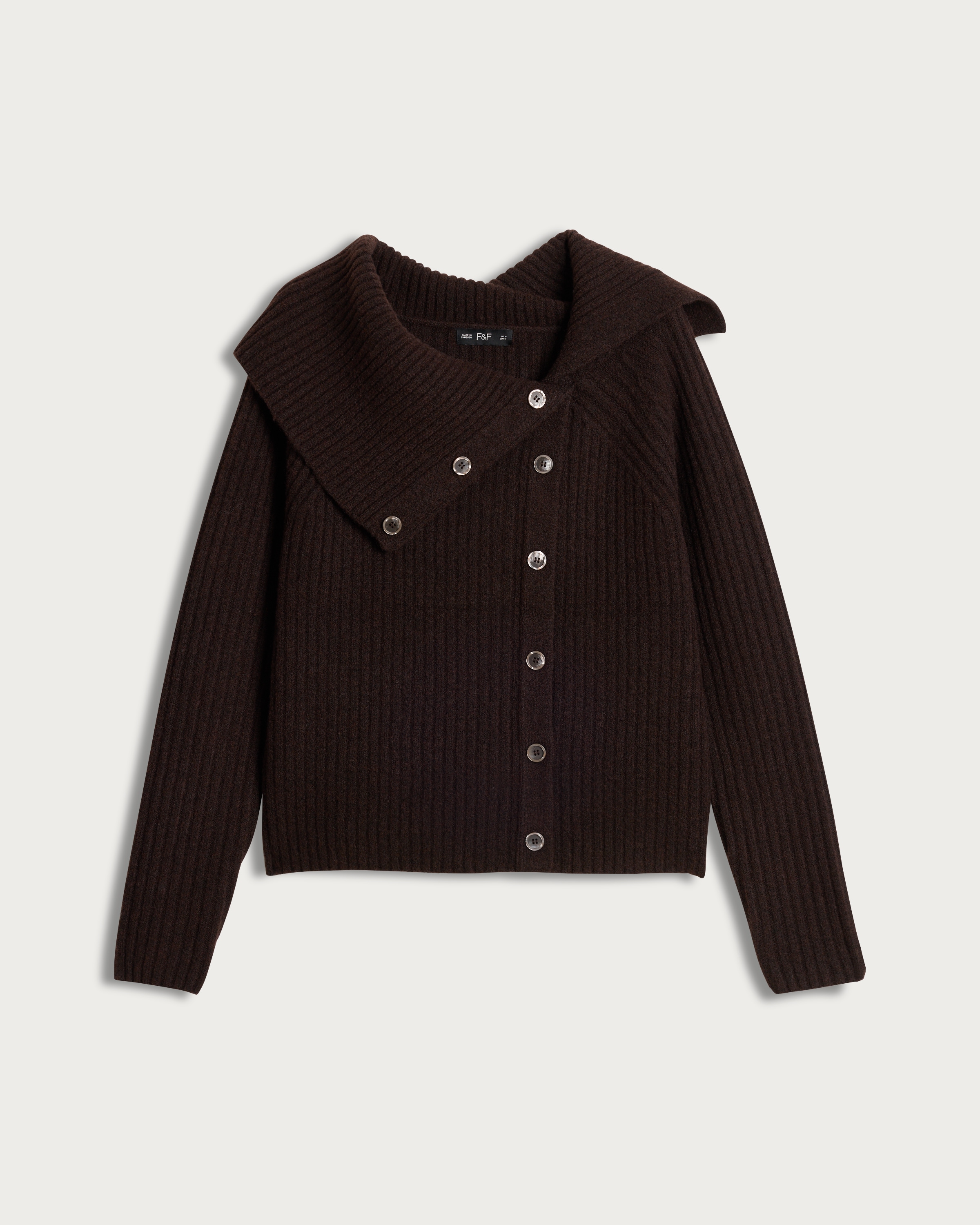 F&F Ribbed Button Up Bardot Jumper in Chocolate thumbnail 4
