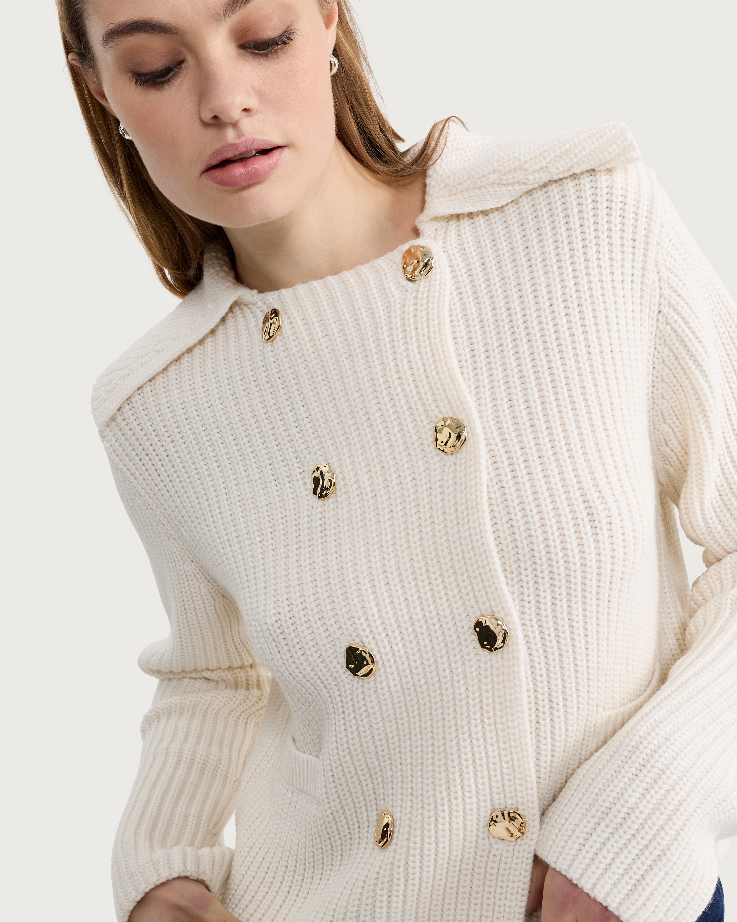 F&F Ribbed Double Breasted Collared Cardigan in Cream thumbnail 2
