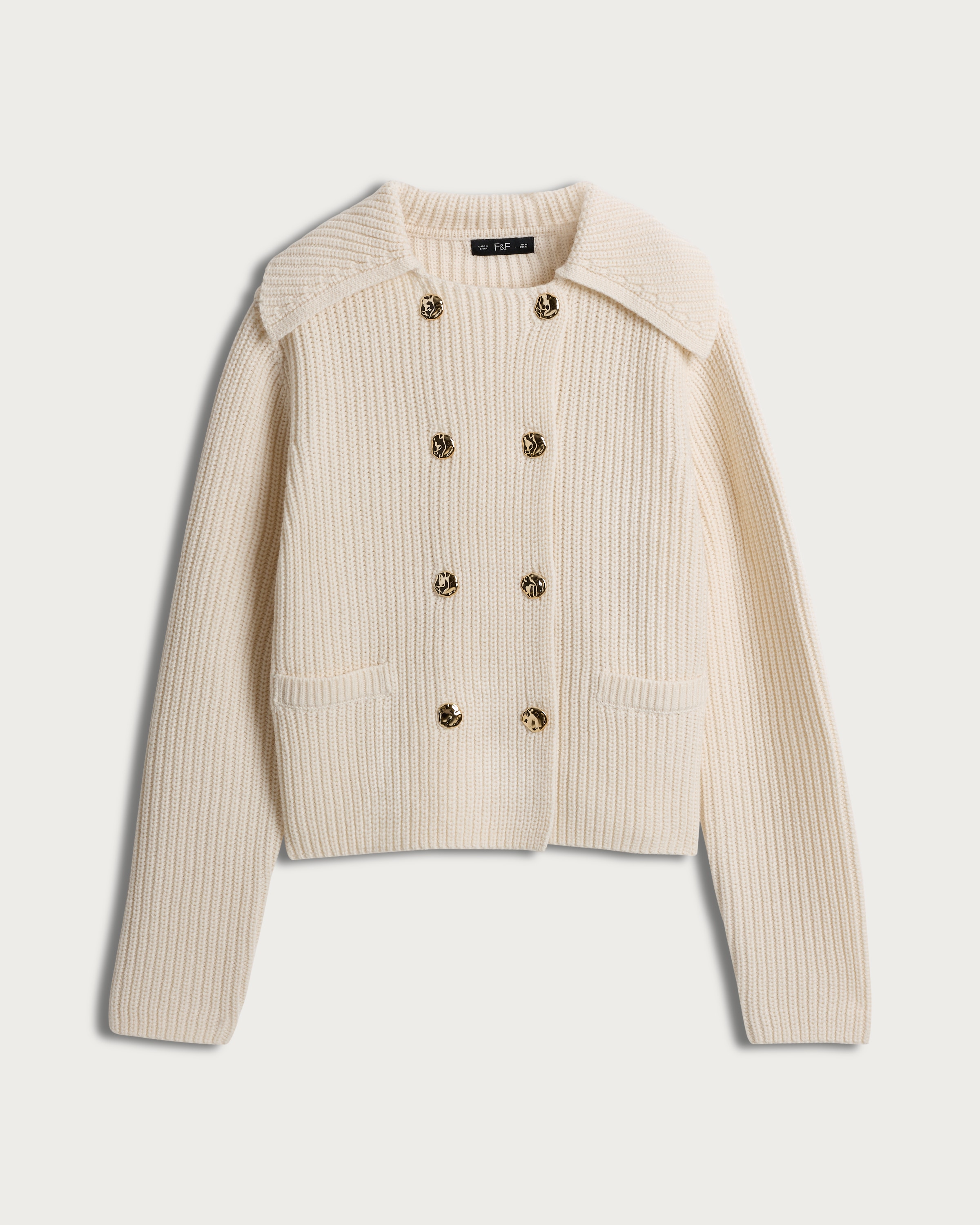 F&F Ribbed Double Breasted Collared Cardigan in Cream thumbnail 4