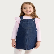 F&F Girls 2-Piece Cotton Rich Denim Pinafore and Ruffle Sleeve Top Set in Multi Blue