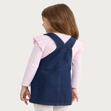 F&F Girls 2-Piece Cotton Rich Denim Pinafore and Ruffle Sleeve Top Set in Multi Blue thumbnail 3