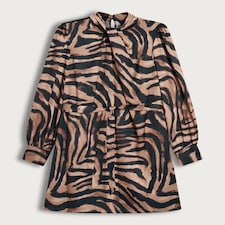 F&F Satin Zebra Print Tie Neck Long Sleeved Dress in Multi Brown