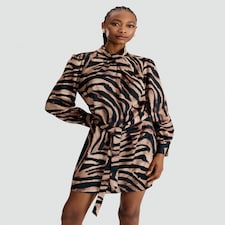 F&F Satin Zebra Print Tie Neck Long Sleeved Dress in Multi Brown