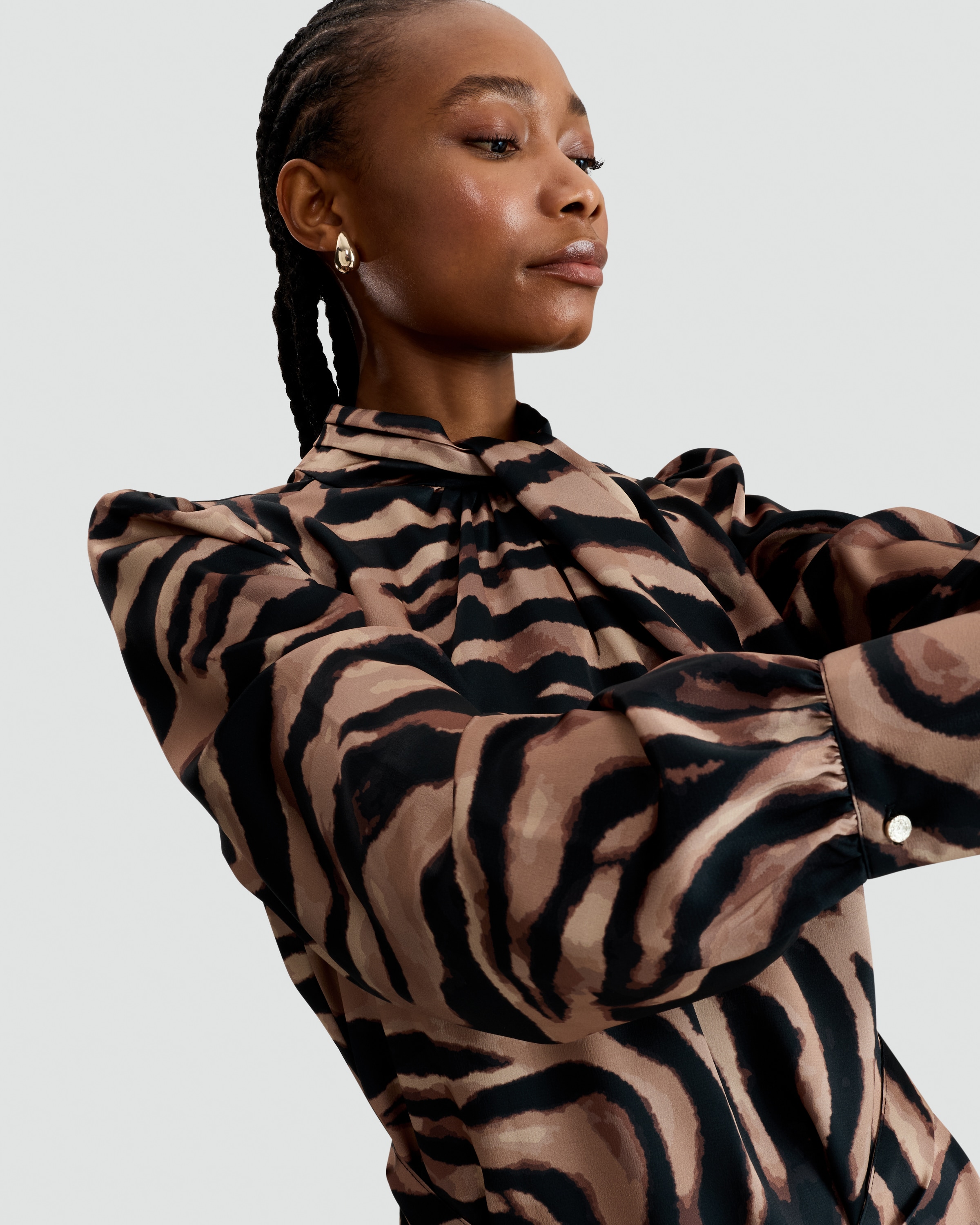 F&F Satin Zebra Print Tie Neck Long Sleeved Dress in Multi Brown thumbnail 2