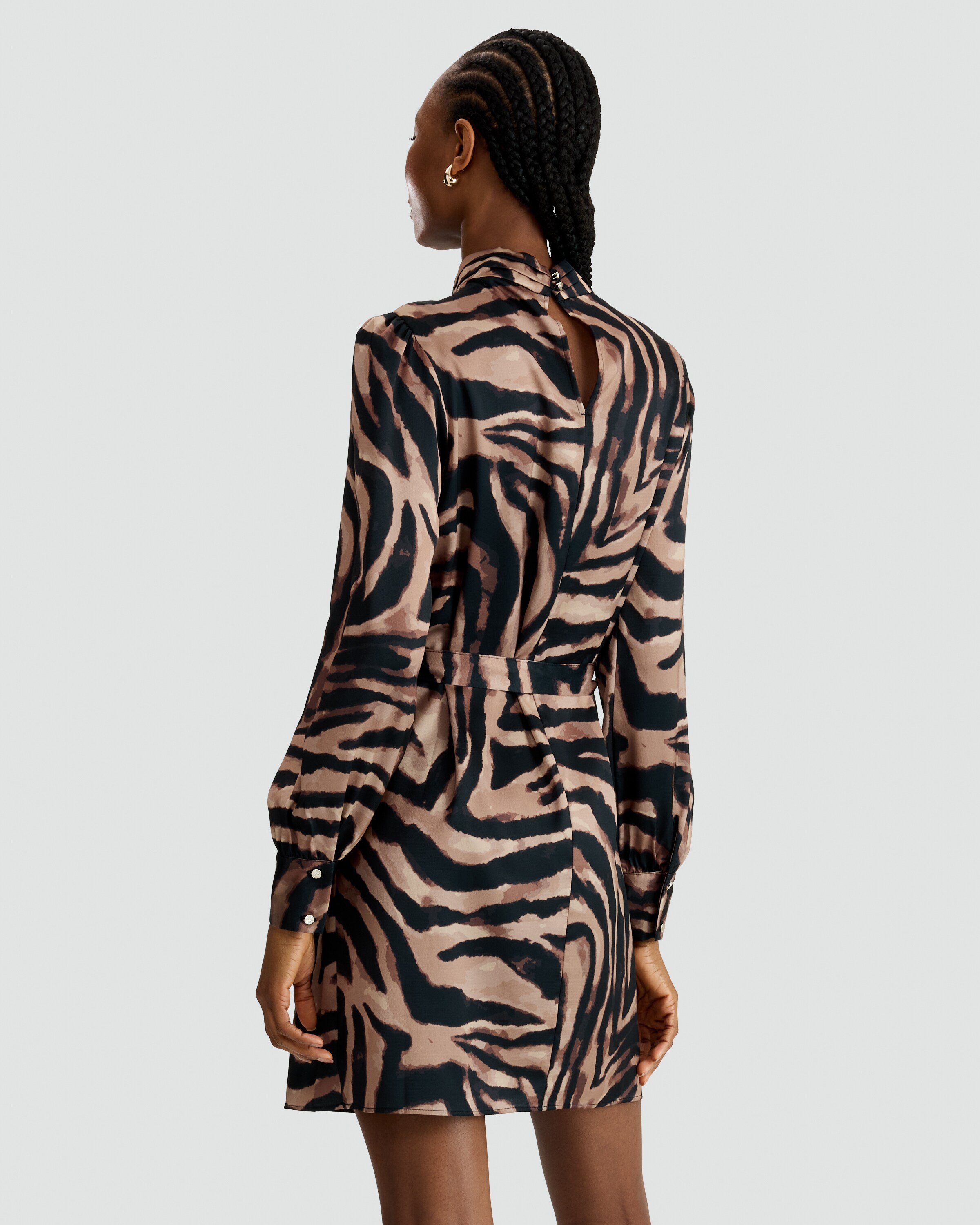 F&F Satin Zebra Print Tie Neck Long Sleeved Dress in Multi Brown thumbnail 3