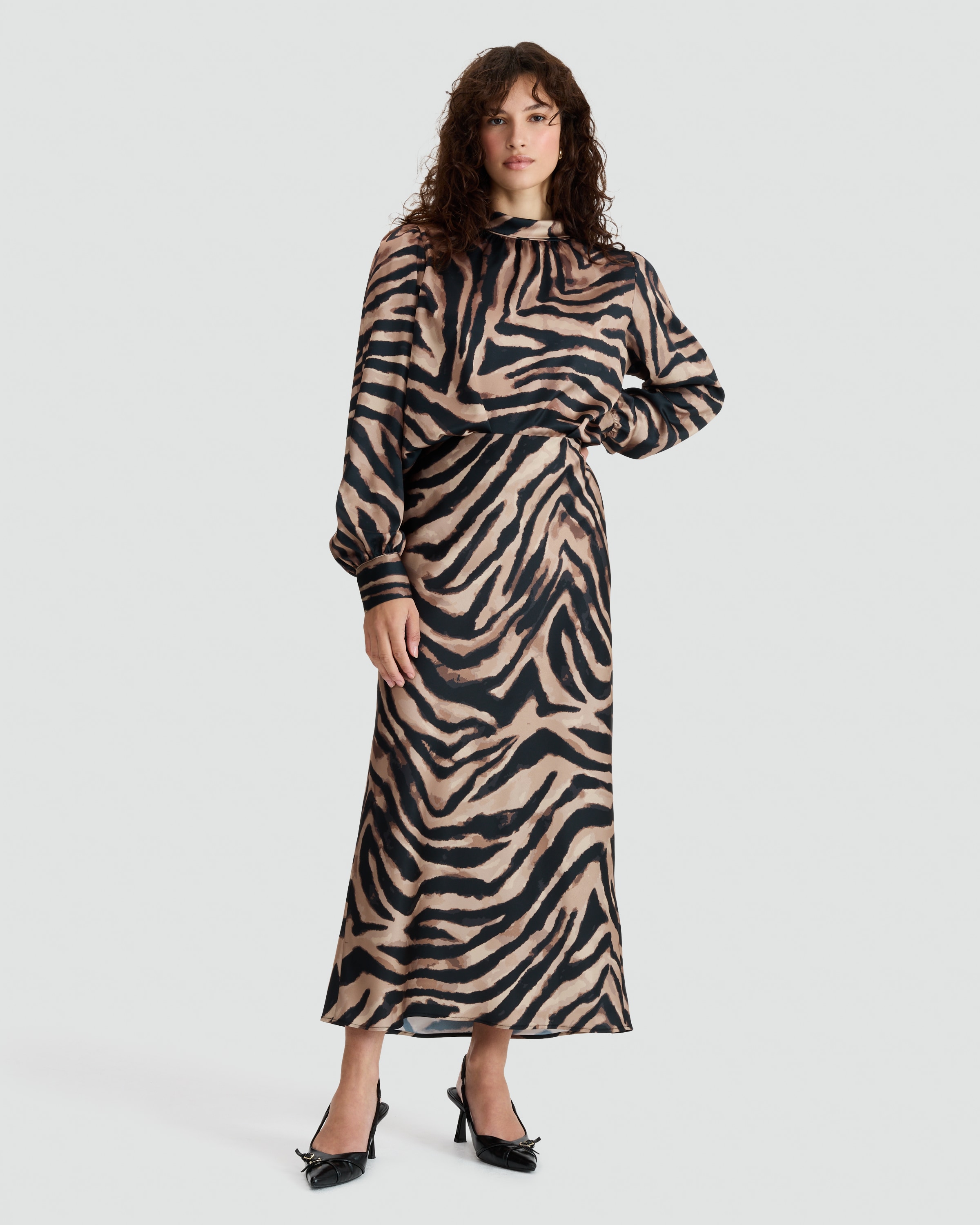 F&F Satin Zebra Print Tie Neck Blouse in Multi Brown thumbnail 3