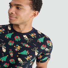 F&F Pure Cotton Festive Print Short Sleeved T-Shirt in Navy thumbnail 3