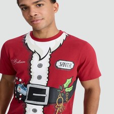 F&F Pure Cotton Santa I Believe Slogan T-Shirt in Red thumbnail 2